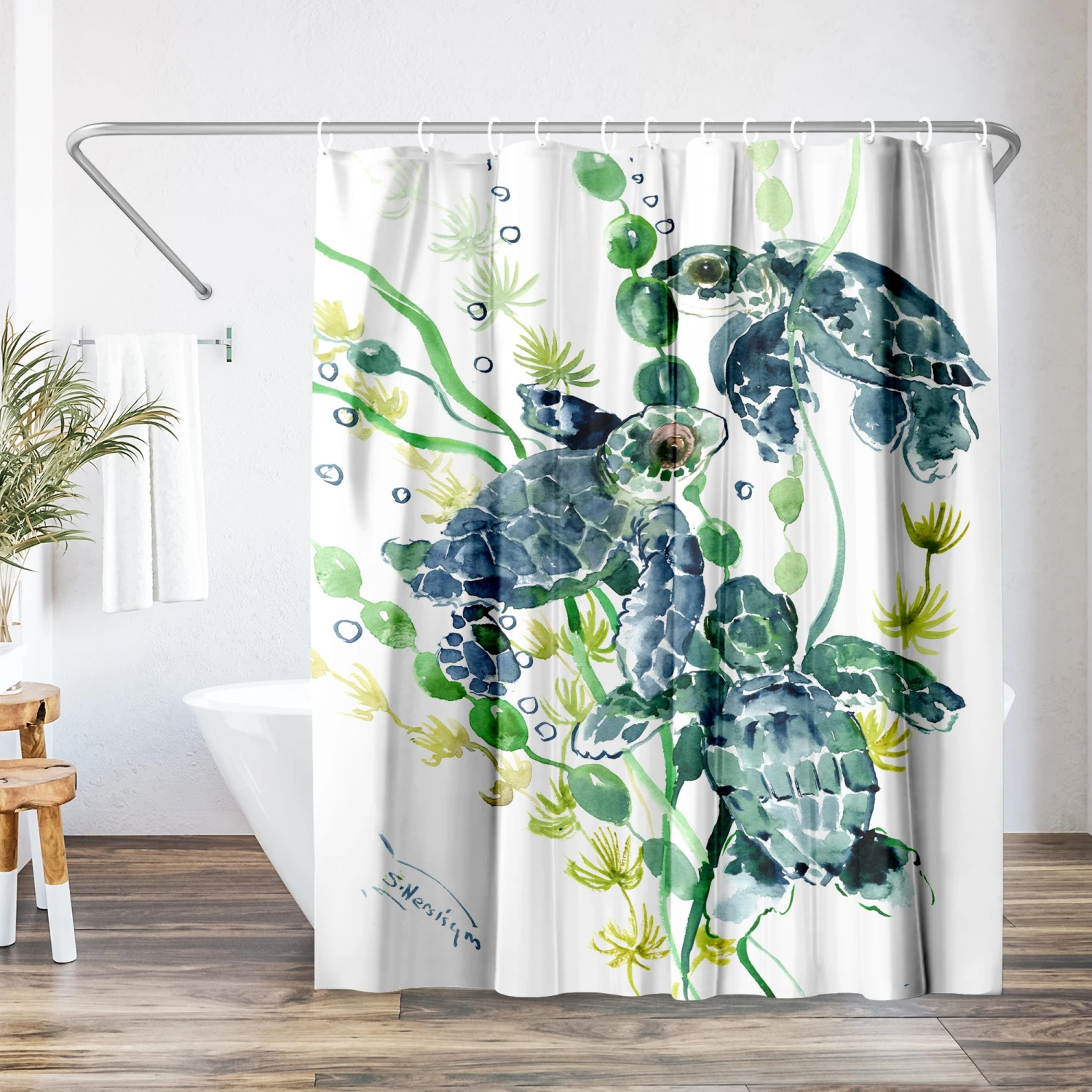 71x74 Sea Turtle Shower Curtain With 12 Metal Grommets | Green