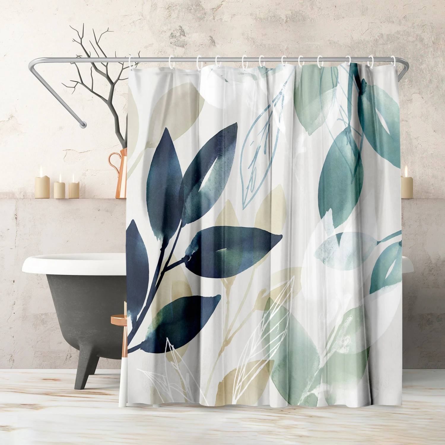 71x74 Abstract Shower Curtain With 12 Metal Grommets | Green Botanical Design