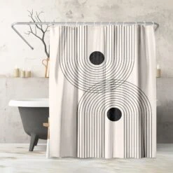 71x74 Abstract Shower Curtain With 12 Metal Grommets | Black Geometrical Line