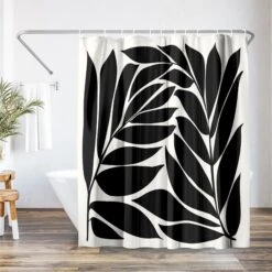 71x74 Botanical Shower Curtain With 12 Metal Grommets | Black Seagrass Shapes