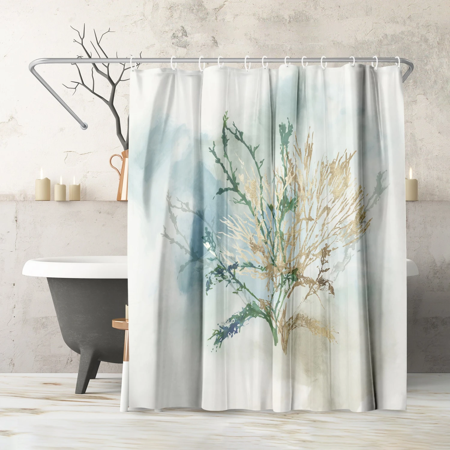 71x74 Abstract Shower Curtain With 12 Metal Grommets | Green Coral