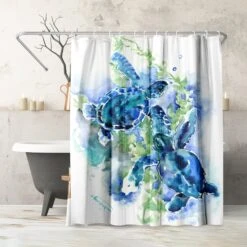 71x74 Sea Turtle Shower Curtain With 12 Metal Grommets | Blue