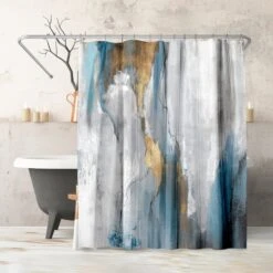 71x74 Abstract Shower Curtain With 12 Metal Grommets | Blue And Gold