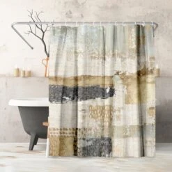 71x74 Abstract Shower Curtain With 12 Metal Grommets | Horizontal Distressed Textures