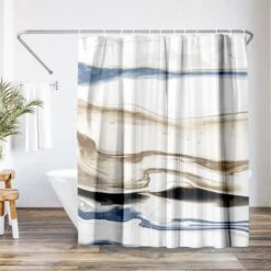71x74 Abstract Shower Curtain With 12 Metal Grommets | Navy And Cream