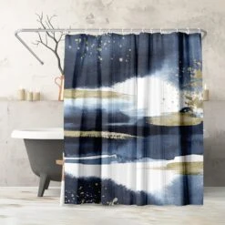 71x74 Abstract Shower Curtain With 12 Metal Grommets | Navy Blue And Gold