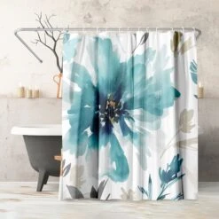 71x74 Abstract Shower Curtain With 12 Metal Grommets | Blue Floral