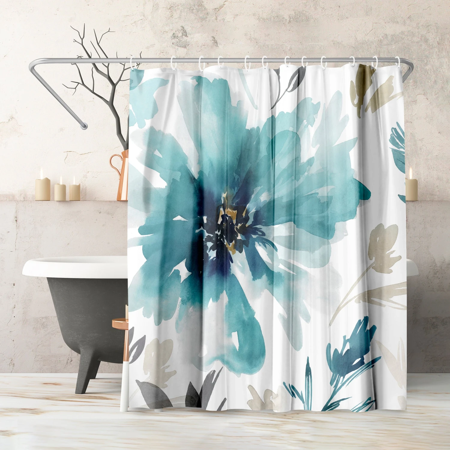 71x74 Abstract Shower Curtain With 12 Metal Grommets | Blue Floral