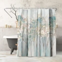 71x74 Abstract Shower Curtain With 12 Metal Grommets | Woodland-Inspired Design