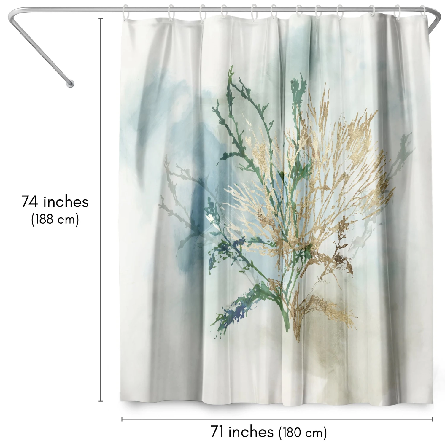 71x74 Abstract Shower Curtain With 12 Metal Grommets | Green Coral - Image 2