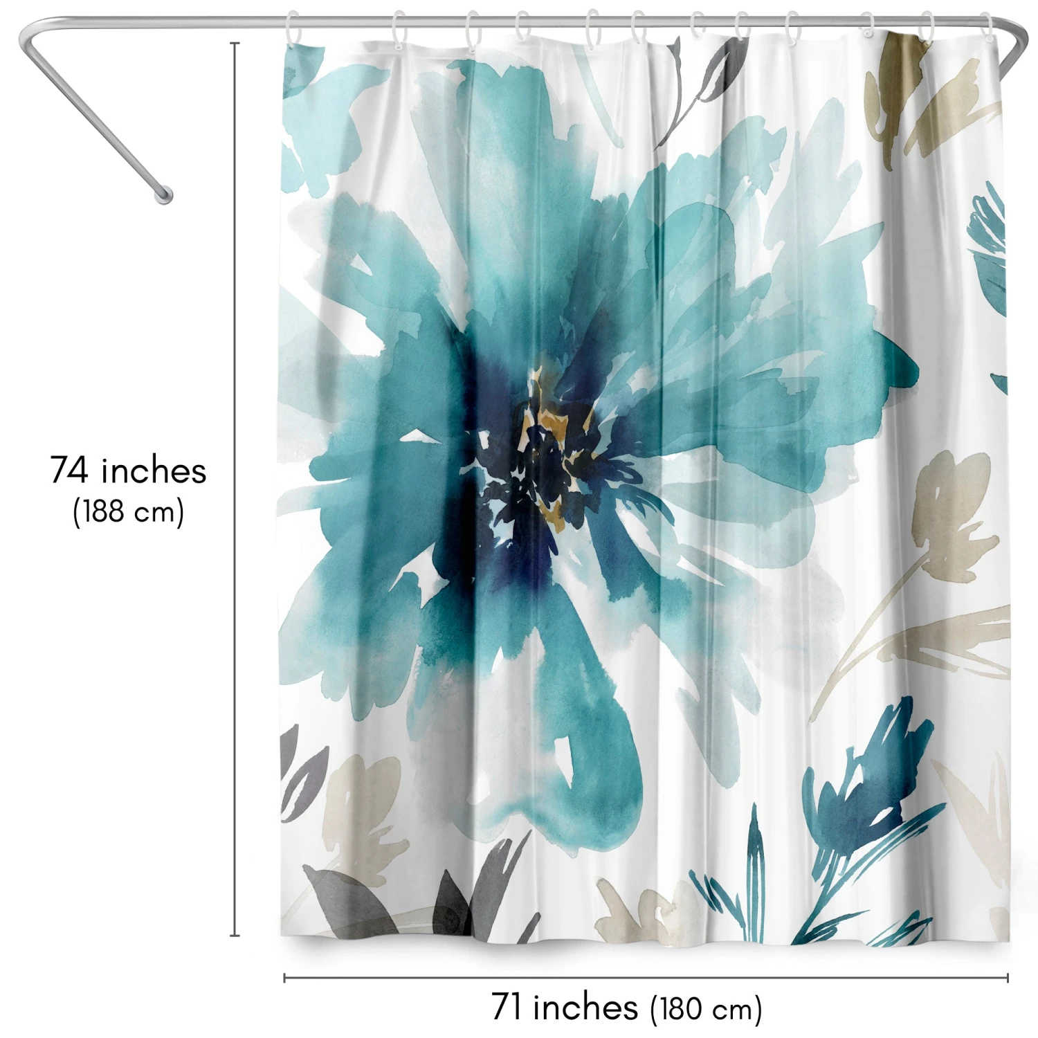 71x74 Abstract Shower Curtain With 12 Metal Grommets | Blue Floral - Image 2