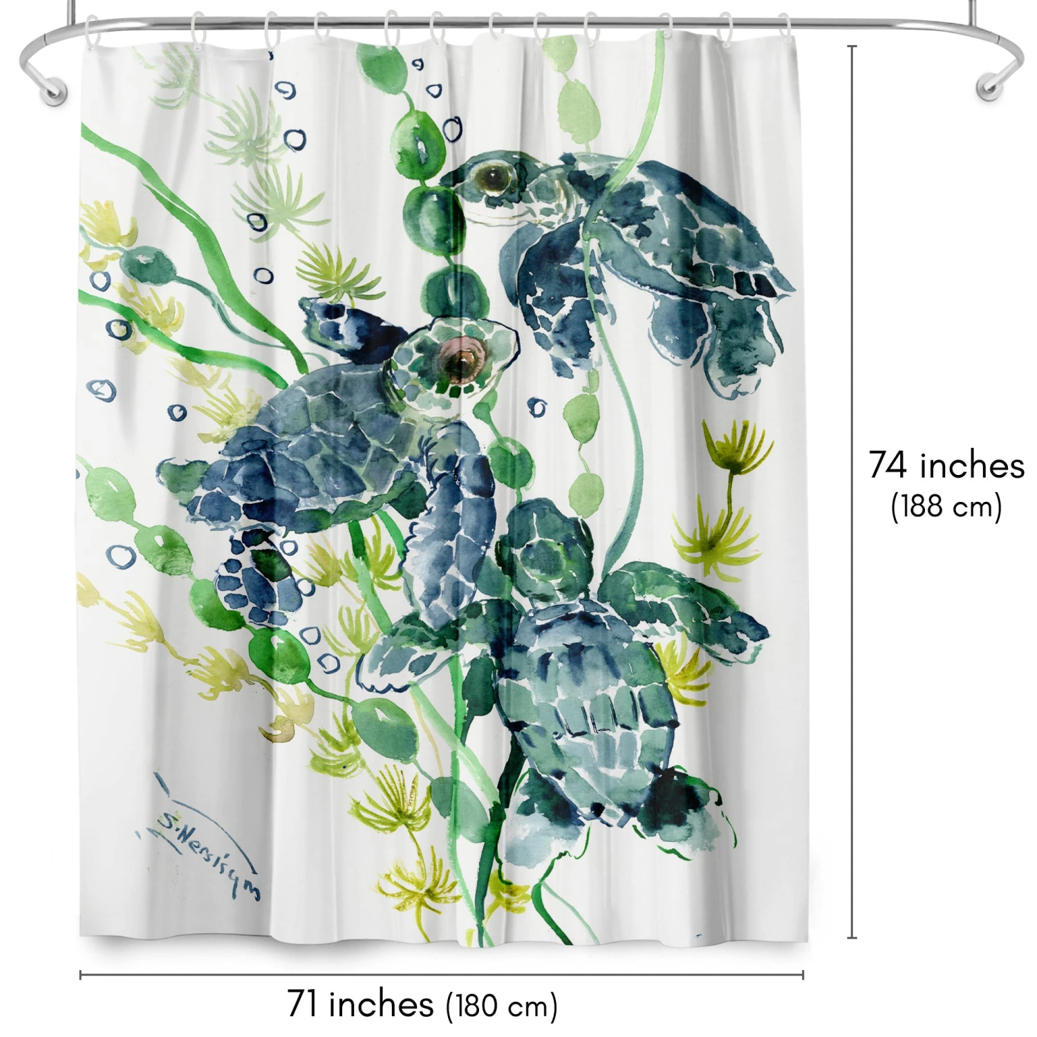 71x74 Sea Turtle Shower Curtain With 12 Metal Grommets | Green - Image 2