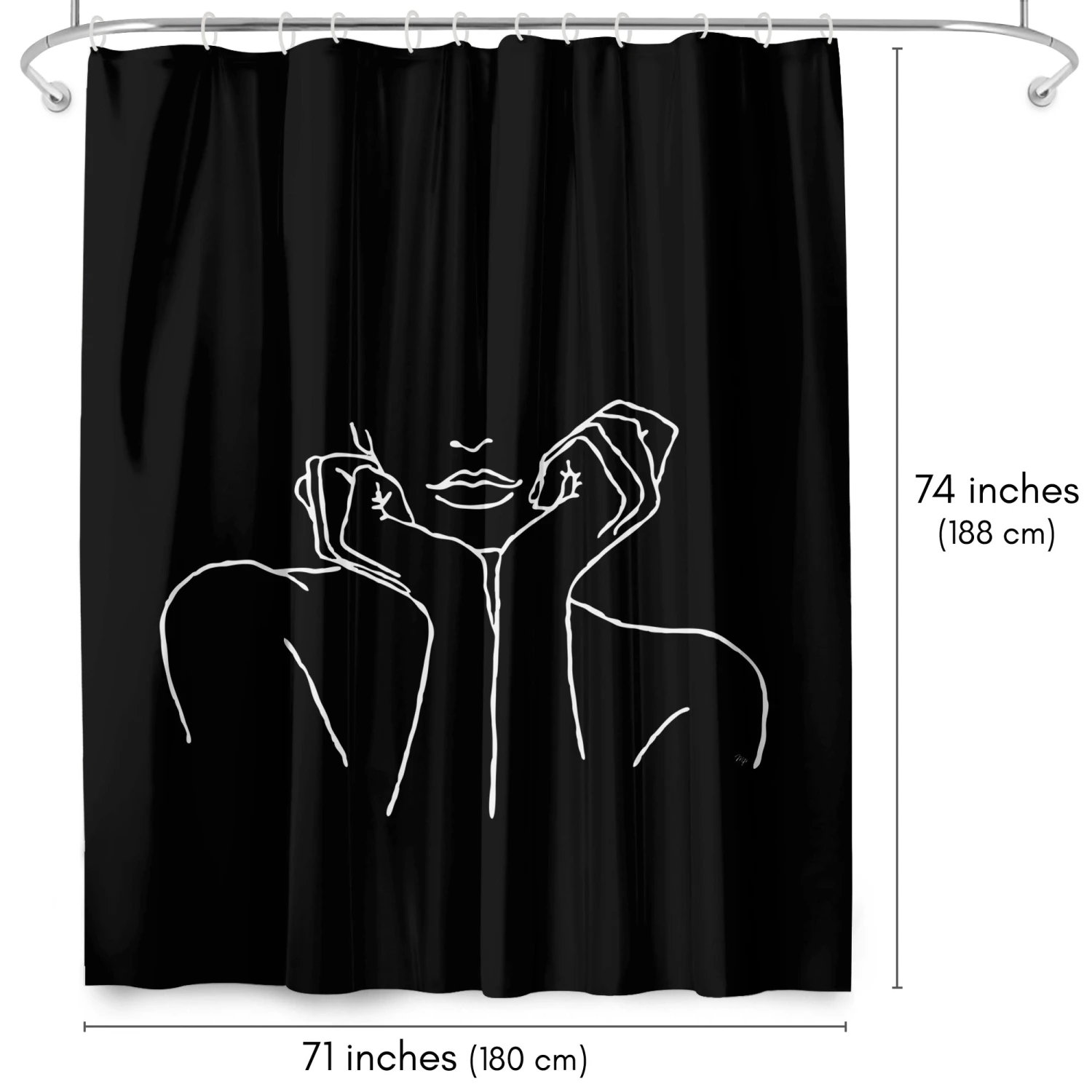 71x74 Decorative Shower Curtain With 12 Metal Grommets | Black - Image 2