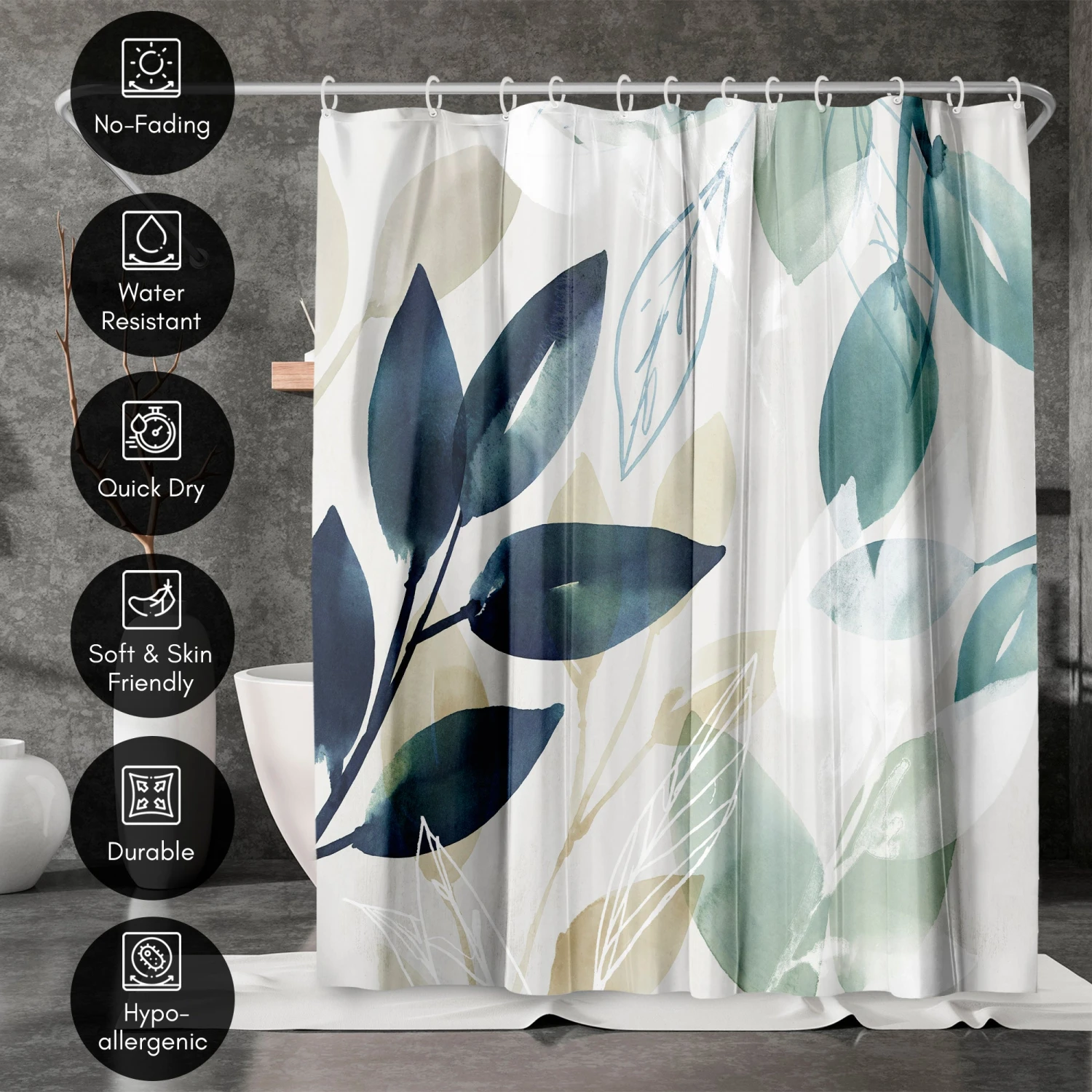 71x74 Abstract Shower Curtain With 12 Metal Grommets | Green Botanical Design - Image 4