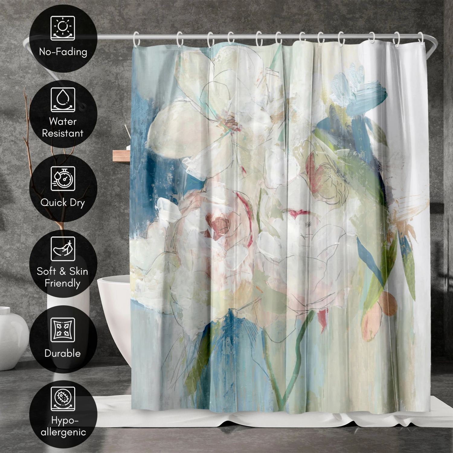 71x74 Abstract Shower Curtain With 12 Metal Grommets | Blissful Peony - Image 4