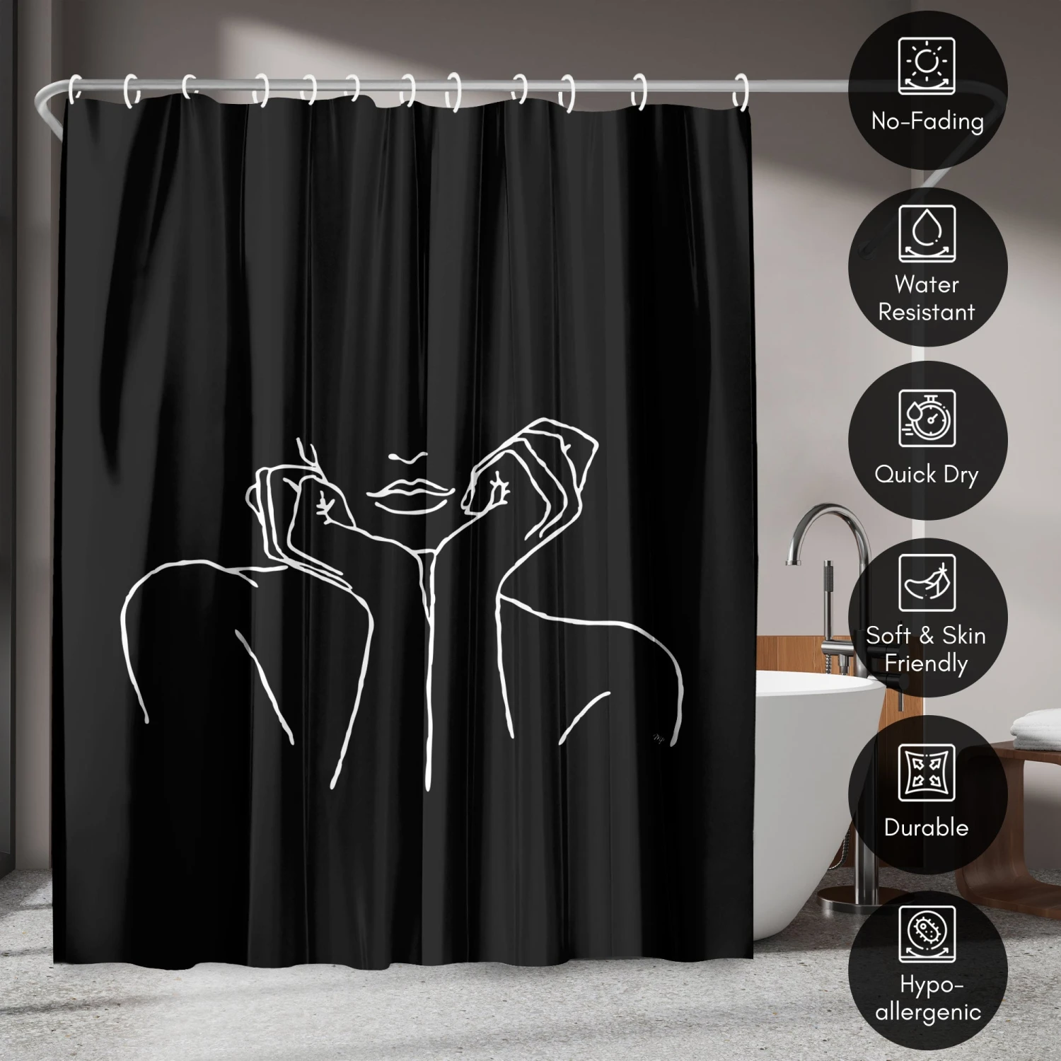 71x74 Decorative Shower Curtain With 12 Metal Grommets | Black - Image 4