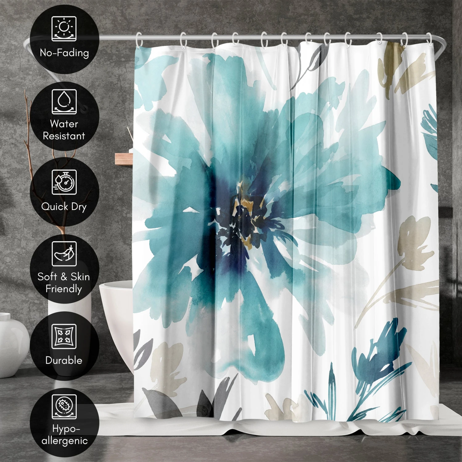 71x74 Abstract Shower Curtain With 12 Metal Grommets | Blue Floral - Image 4