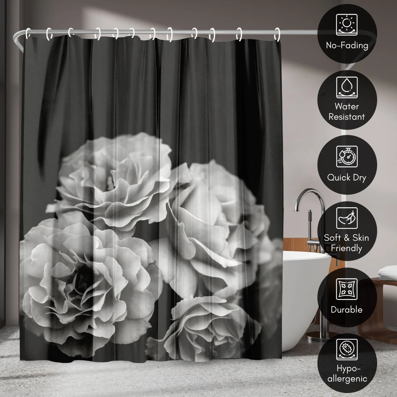 71x74 Floral Shower Curtain With 12 Metal Grommets | Moody Roses - Image 4