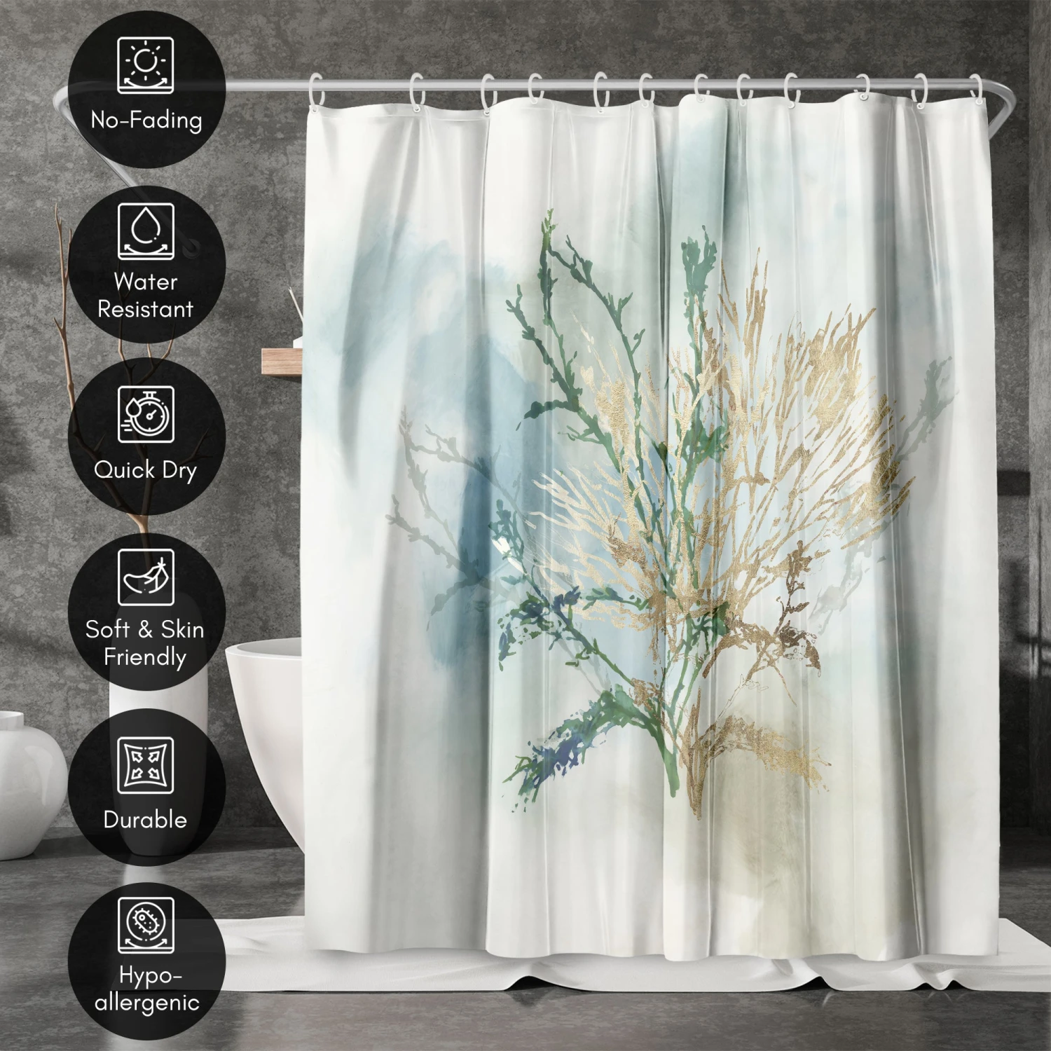 71x74 Abstract Shower Curtain With 12 Metal Grommets | Green Coral - Image 4