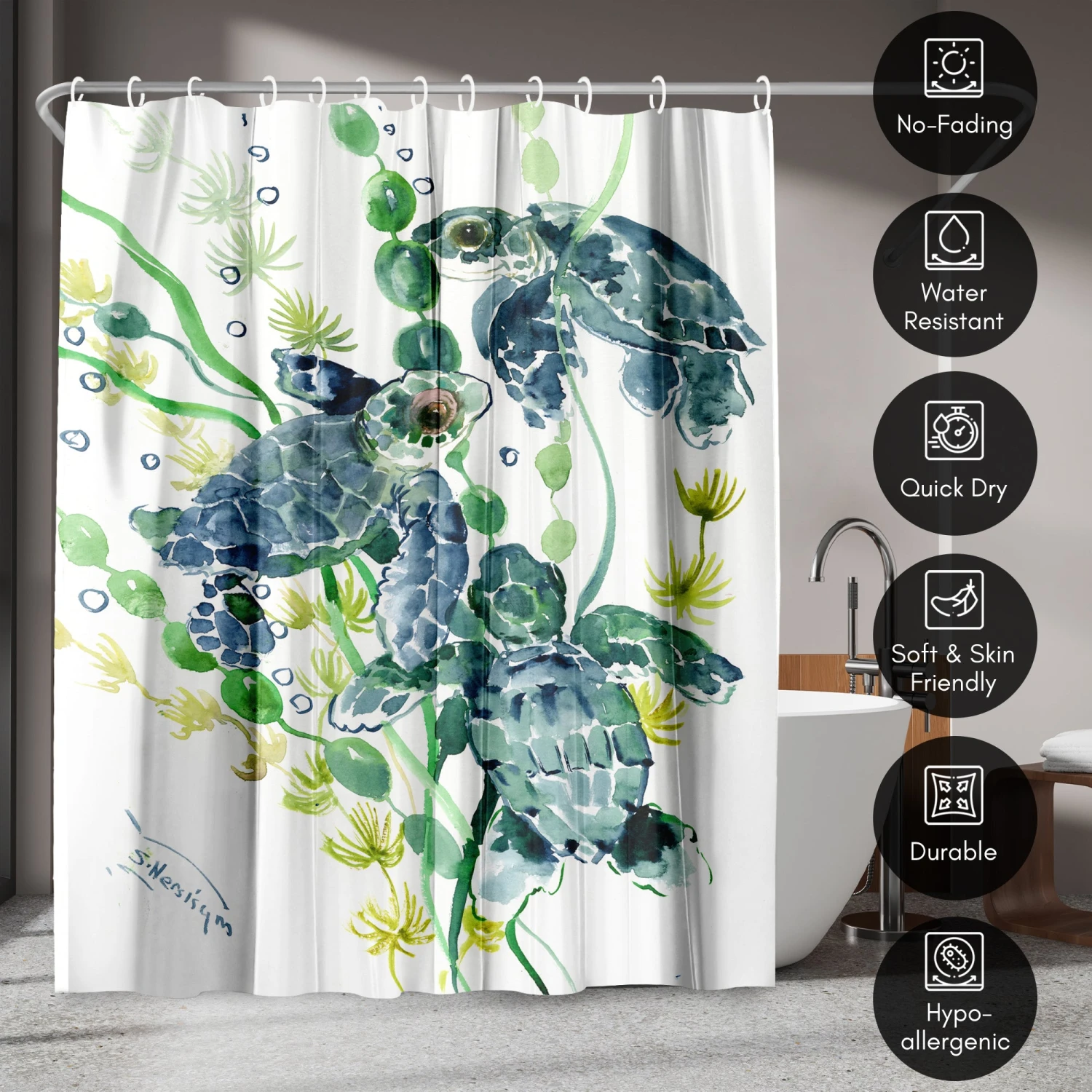 71x74 Sea Turtle Shower Curtain With 12 Metal Grommets | Green - Image 4