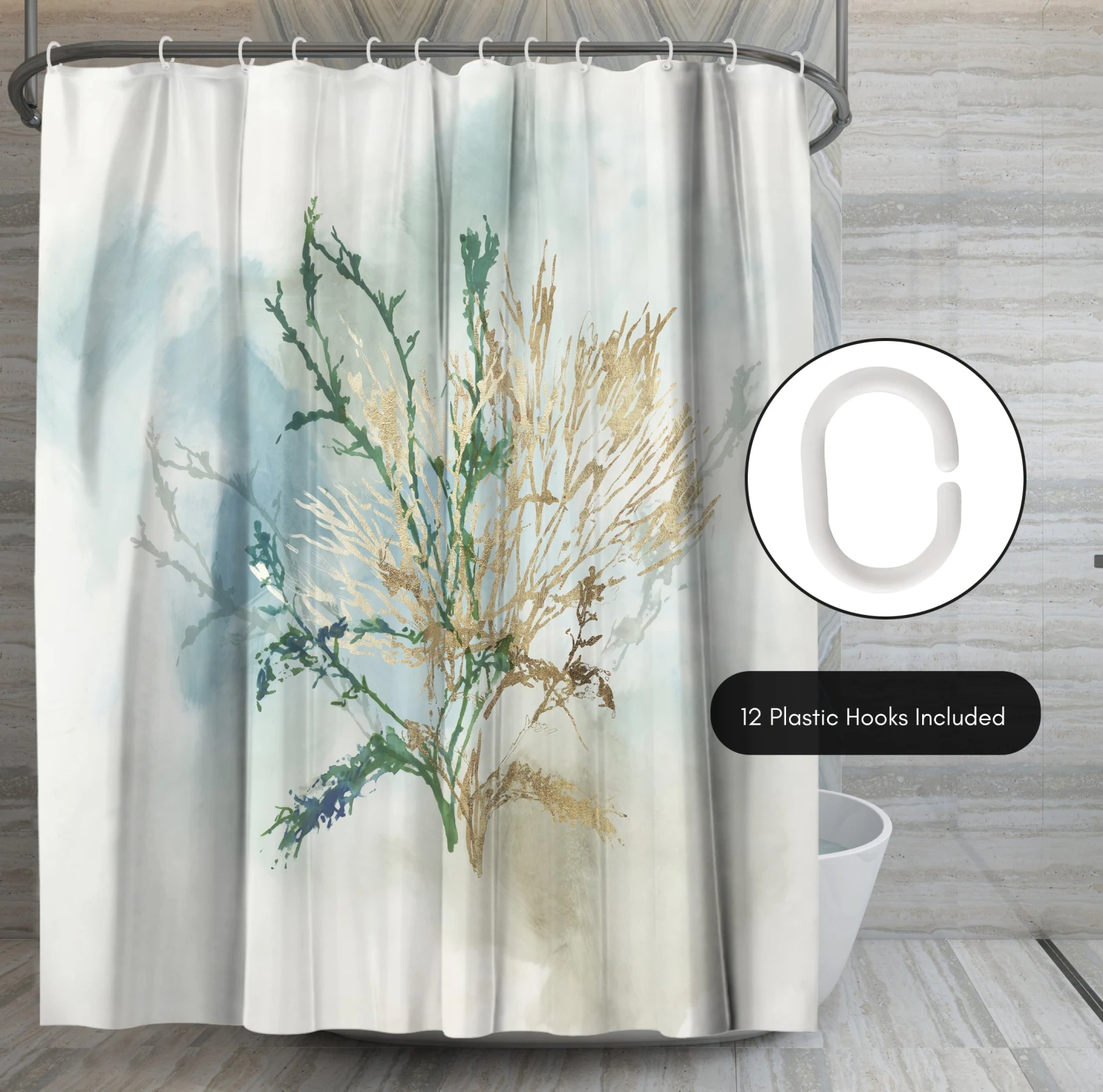 71x74 Abstract Shower Curtain With 12 Metal Grommets | Green Coral - Image 5