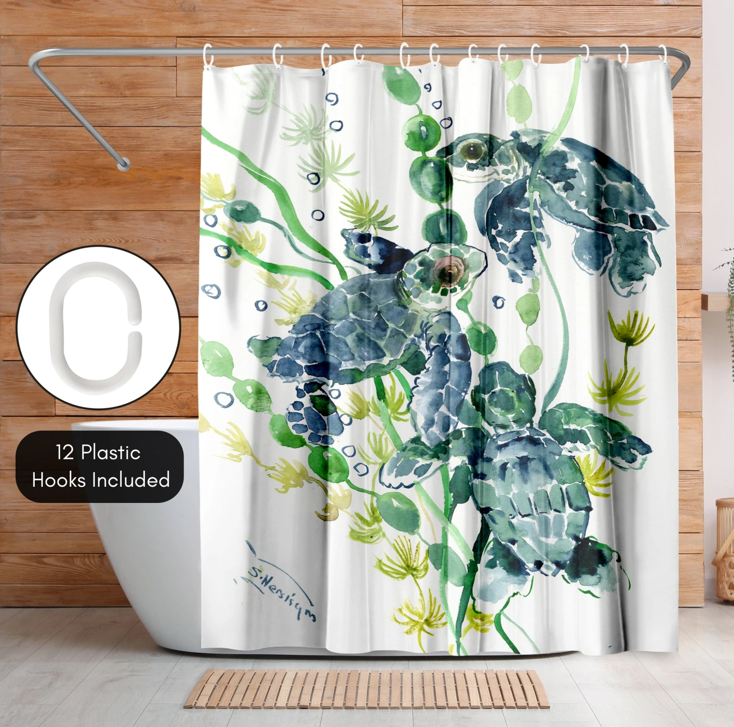71x74 Sea Turtle Shower Curtain With 12 Metal Grommets | Green - Image 5