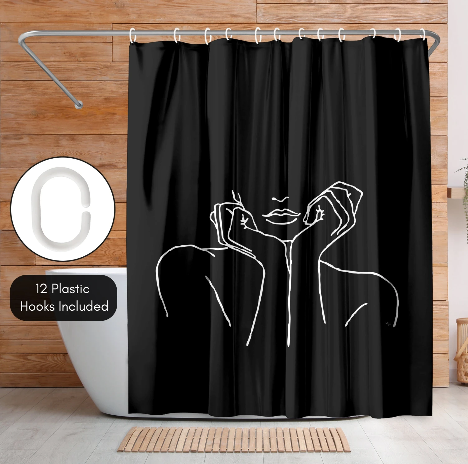 71x74 Decorative Shower Curtain With 12 Metal Grommets | Black - Image 5