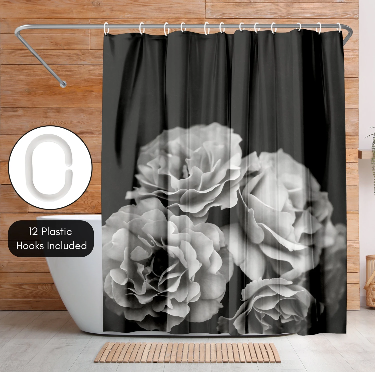 71x74 Floral Shower Curtain With 12 Metal Grommets | Moody Roses - Image 5