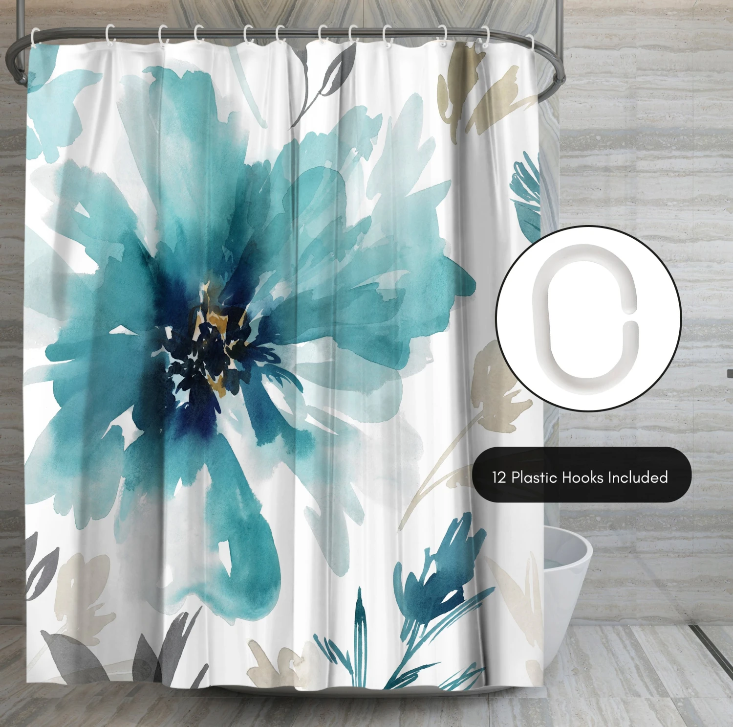 71x74 Abstract Shower Curtain With 12 Metal Grommets | Blue Floral - Image 5