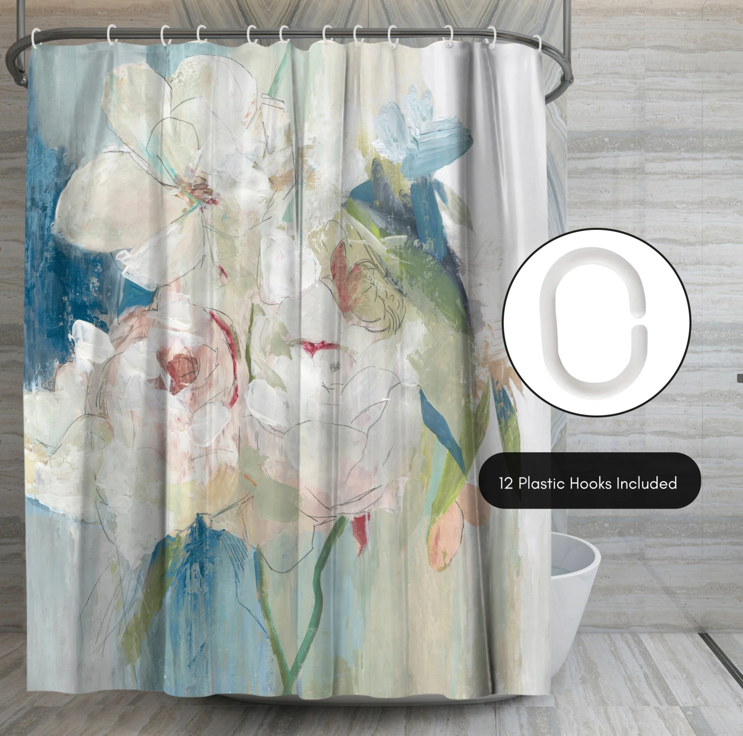 71x74 Abstract Shower Curtain With 12 Metal Grommets | Blissful Peony - Image 5