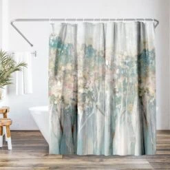 71x74 Abstract Shower Curtain With 12 Metal Grommets | Soft Blue And White