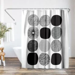 71x74 Abstract Shower Curtain With 12 Metal Grommets | Black Circles