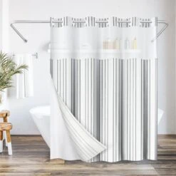 72x75 Hookless Shower Curtain With Sheer Panel, Snap-In Liner, And Grommets | Stripes