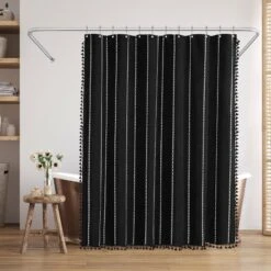 71x71 Woven Linen Shower Curtain With Tassel Accents And 12 Grommets | Solid Color
